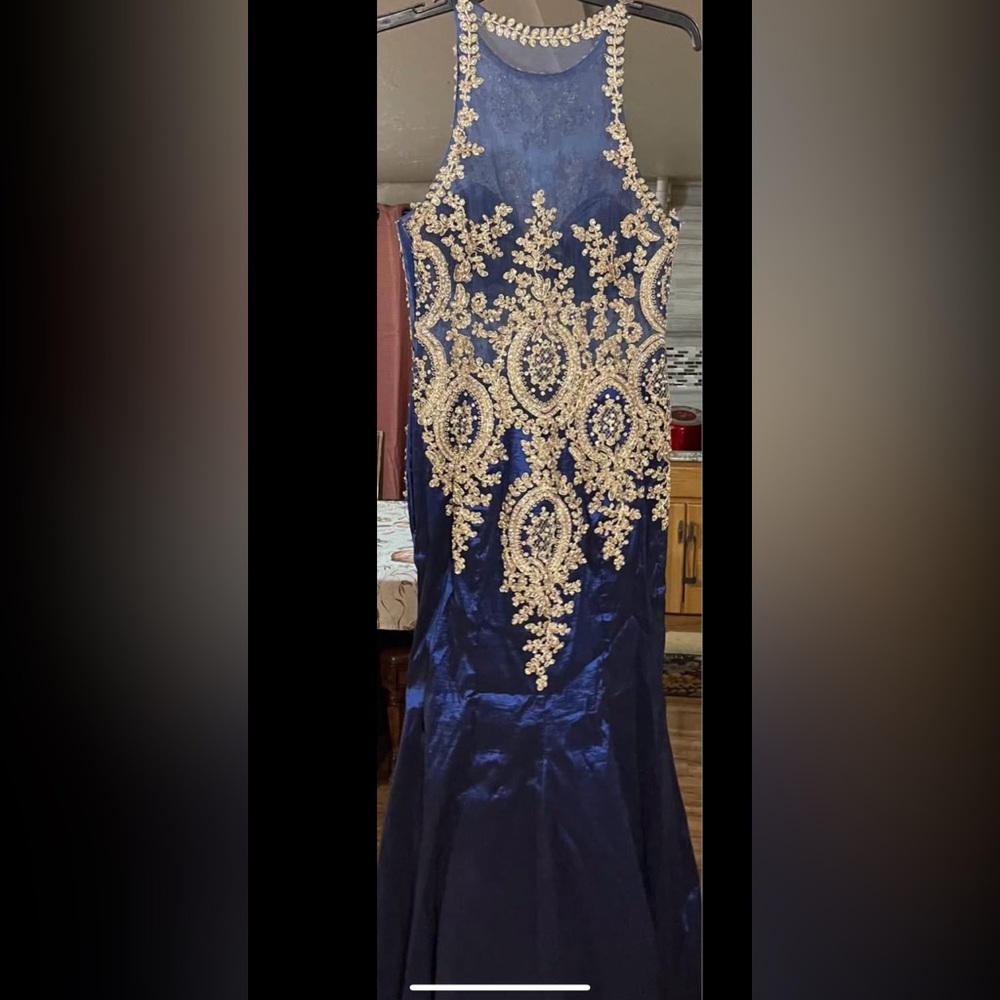 Elegant Blue and Gold Embroidered Dress